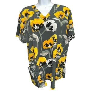 GT Performance XL Scrub Top Gray Floral V-Neck Pockets Scrubs Medical Wear Shirt